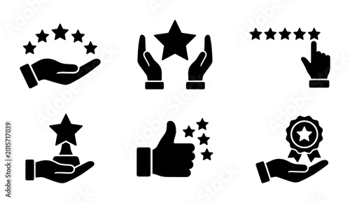 Star Rating Icons, Customer Feedback Symbols, Quality Assurance Badges, Excellence Achievement Graphics, Hand Gestures, Vector Set