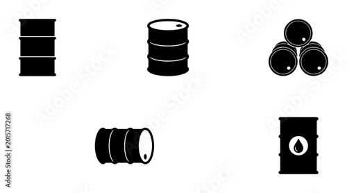 Industrial Oil Barrels, Black Metal Drums, Fuel Storage Containers, Vector Icons Set