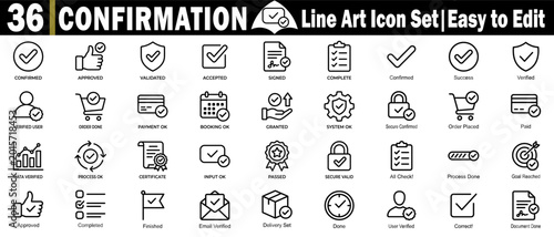 Canvastavla Confirmation line art icon set, featuring thin outline style verification