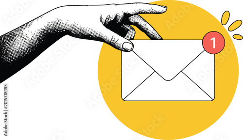 Bild auf Leinwand Email, communication collage with hand holding envelope and new notification, digital marketing push reminder newsletter subscription vector illustration