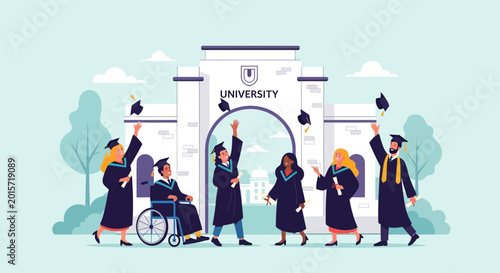 Foto Diverse Graduates Celebrate University Graduation Day with Caps Tossed in Air