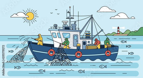 Fishing boat at sea with crew hauling nets full of fish, sunny day