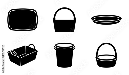 Tableau sur toile Set of 6 Black Silhouette Kitchen and Storage Containers, Baskets, and Buckets,