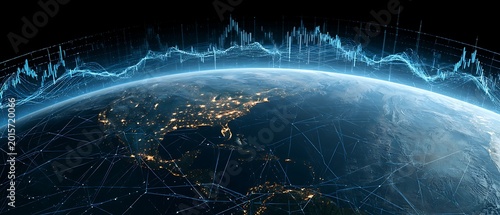 planet earth with glowing financial connections, futuristic stock chart overlays above atmosphere, AI powered market prediction system