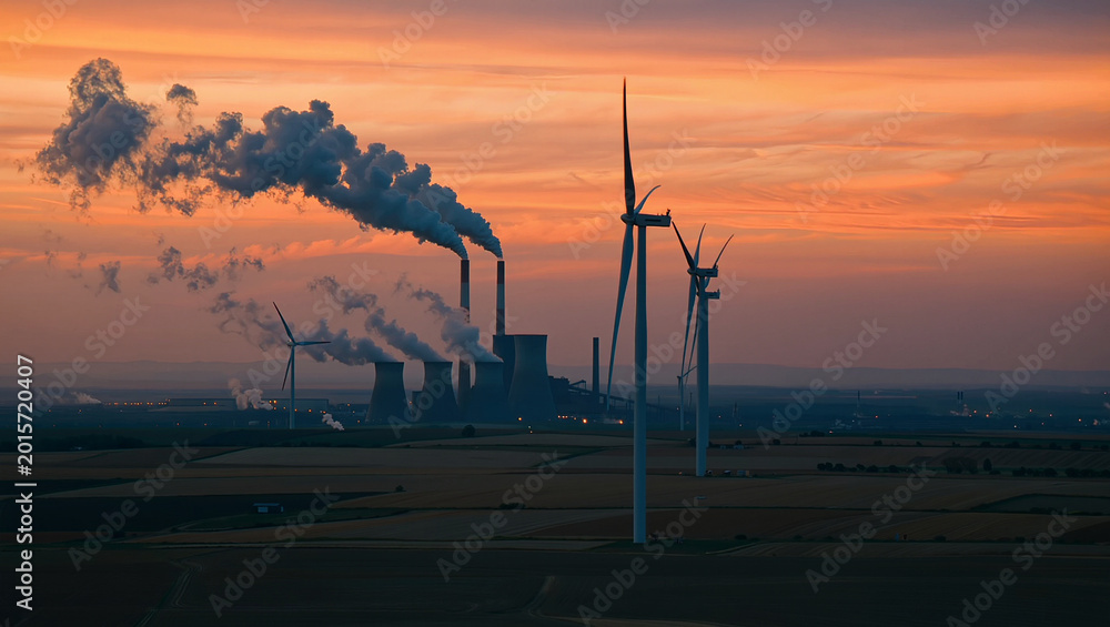 Obraz premium Contrast between coal power plant and modern wind turbines at sunset