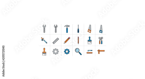 Cuadro en lienzo Set of various blue and orange hand tool icons including hammer wrench screwdriver and saw