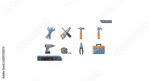 Set of various hand and power tools used for construction and repair work.
