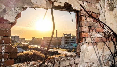 View Through Ruined Brick Building at Sunset