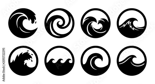 Photos Set of 8 Black and White Circular Wave Icons, Ocean Swirl and Sea Crest Symbols,