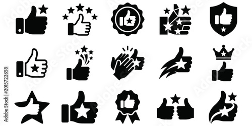 Premium thumbs up icon set with stars, badges, and approval symbols in black silhouette style isolated on white background.