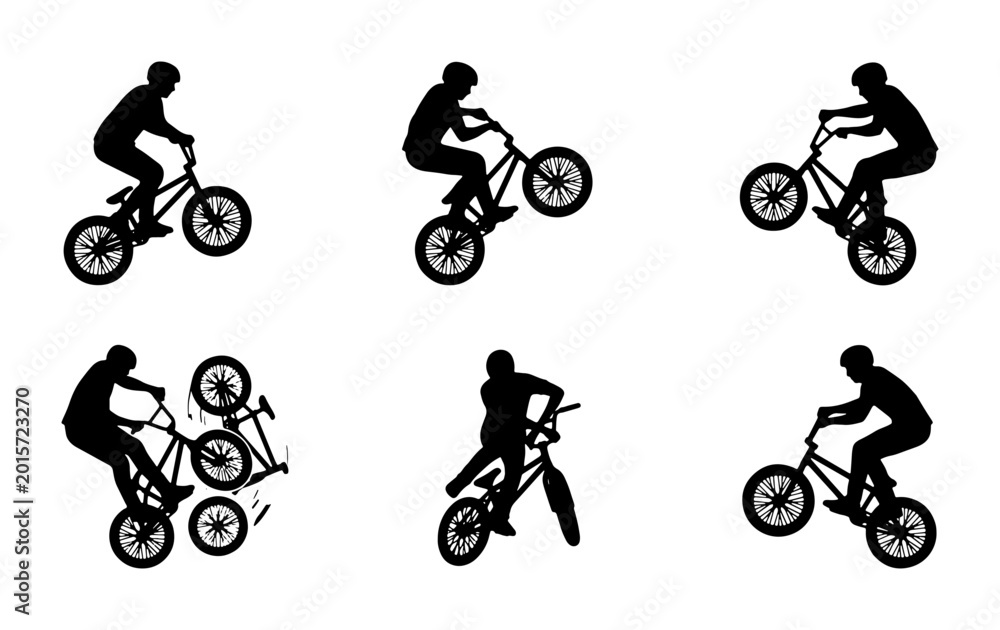 Obraz premium BMX Bike Rider Silhouettes, Extreme Sports Action Poses, Bicycle Trick Set, Dynamic Freestyle Cycling Vector Collection