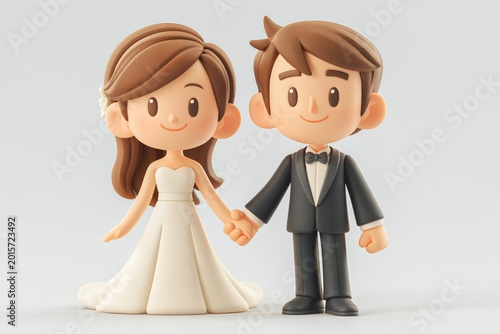 Charming 3D Cartoon Bride and Groom Holding Hands, Symbolizing Love and Marriage