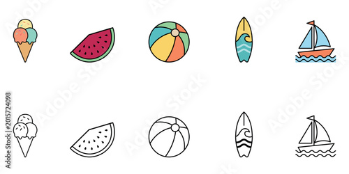 Canvas Print Beach-themed vector set with summer vibes like ice cream, watermelon, beach volleyball, surfing board and boat