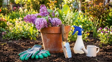 Gardening tools and flowers in a garden setting