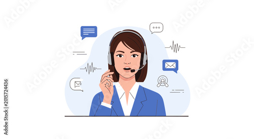 Customer Service Agent with Headset, Communication Icons, Call Center Woman