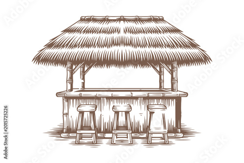 Tropical Tiki Bar With Thatched Roof And Wooden Stools Isolated On White Background In Vintage Engraving Style