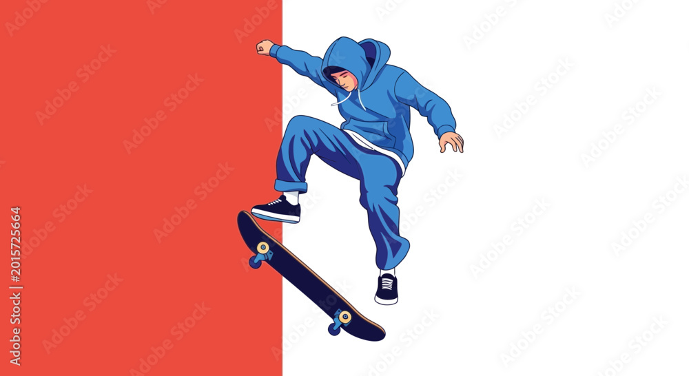 Fototapeta premium Skateboarder Performing Trick on Red and White Background