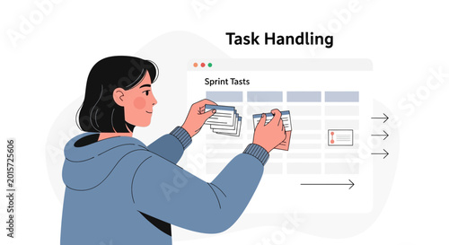 Agile project management illustration: woman organizing tasks on a board