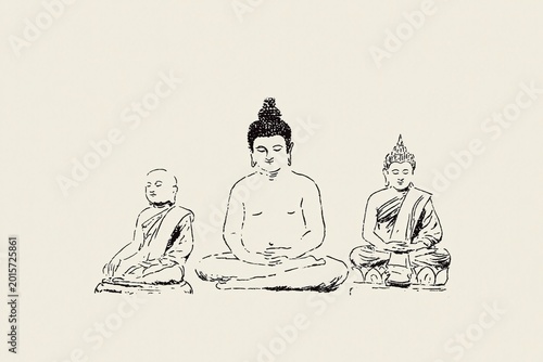 Minimalist Line Art of Three Buddhist Figures in Meditative Poses