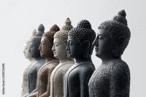 Row of Serene Buddha Statues in Varying Tones, Symbolizing Peace and Spiritual Harmony