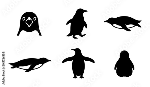 Fotografie Penguin Silhouettes Collection, Antarctic Wildlife Icons, Simple Black and White