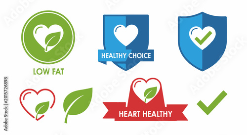 Foto Vector set of health and nutrition emblems with heart and leaf icons, signifying