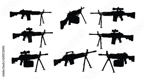 Cuadro en lienzo Machine gun silhouettes with bipods vector illustration on white background