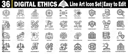 Canvas Print Digital ethics line art icon set for ai transparency and data privacy
