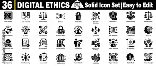 Photos Digital ethics solid icon set for governance and data protection ai