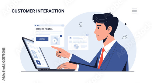 Business professional interacting with customer service on laptop screen, digital communication.