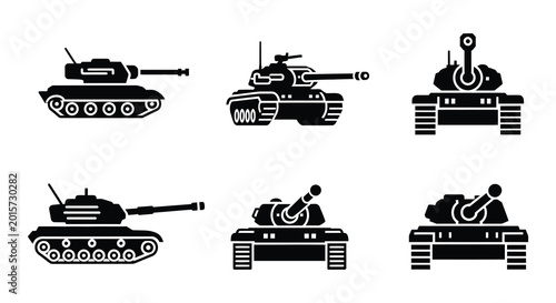 Photography Black silhouette icons of military tanks flat vector illustration