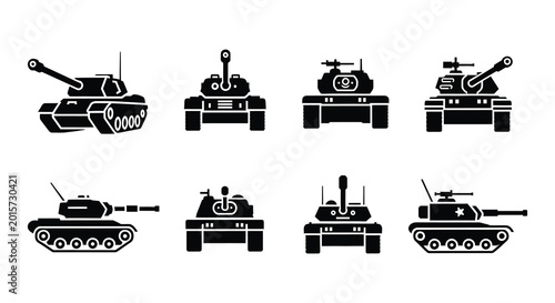 Canvas Print Black silhouette icons of military tanks flat vector illustration