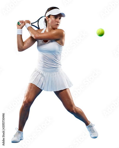 Female tennis player in white uniform executing a two-handed backhand swing, isolated background