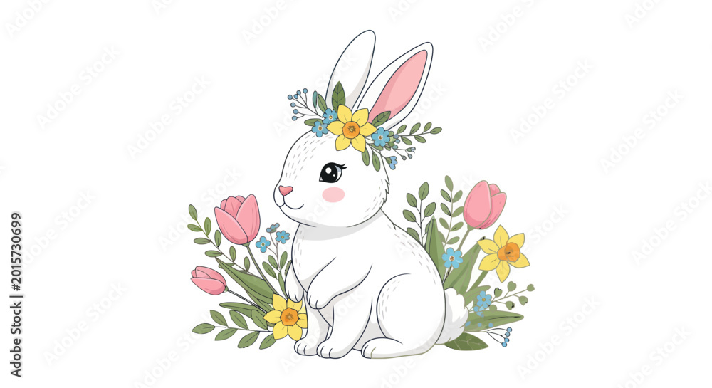 Obraz premium Cute White Bunny Rabbit with Flower Crown in Spring Garden