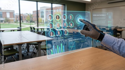 Teacher’s hand organizing holographic online classroom dashboards, student progress charts and lesson panels, modern education scene, Generated by AI
