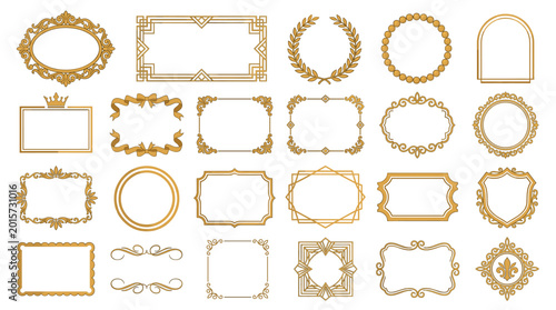Ornate gold frame and label collection with wreaths, laurels, rectangles, circles, shields, banners and elegant decorative border templates