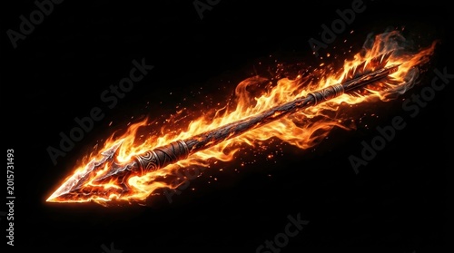 Flaming arrow flying through the air, burning medieval projectile with orange fire, cinematic fantasy weapon on black background