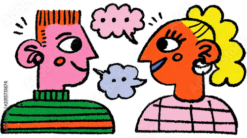 Colorful Illustration of Two People Engaging in Friendly Conversation