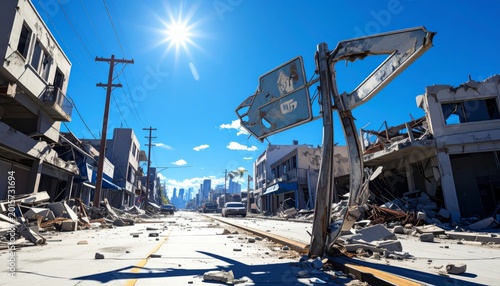 Warped Street Sign in Ruined Cityscape