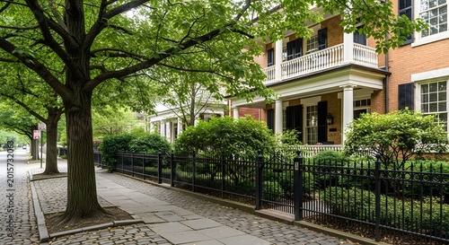 Historic charleston single house exterior with wrought iron fence and cobblestone street