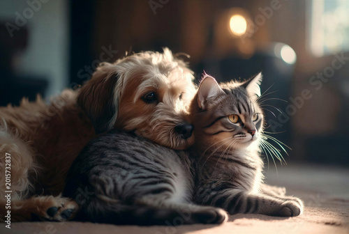 Dog and cat cuddling together in warm cozy home