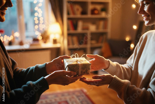 Friends exchanging handmade gifts in cozy festive home