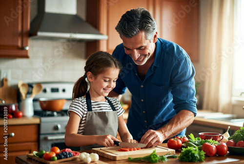 Father and daughter cooking together happily in home kitchen