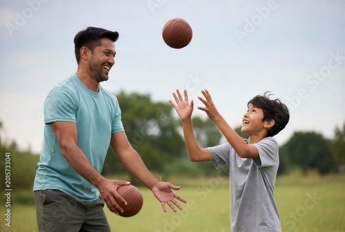 Father and son playing catch with ball in park