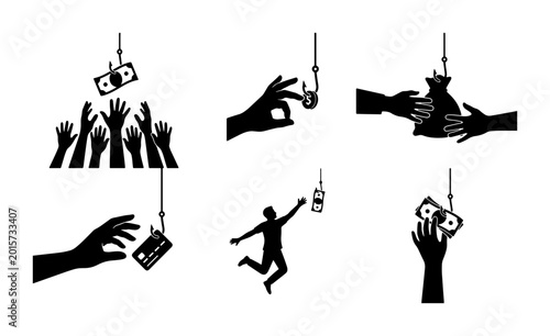 Foto Money Trap Vector Icons: Financial Temptation, Greed, Investment Schemes, Debt,