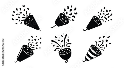 Foto Party popper silhouettes with confetti black vector illustration on white