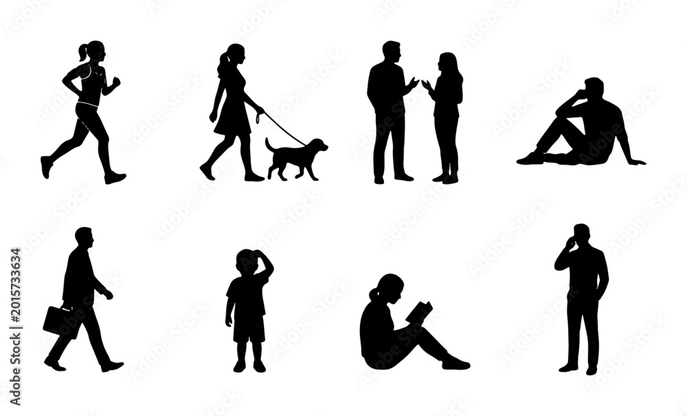 Fototapeta premium Diverse Human Silhouettes Collection, Vector Icons for Lifestyle and Activity, Black Figures on White Background