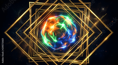 Glowing colorful energy sphere framed by golden geometric square lines creates a luxury visual background for digital marketing projects.
