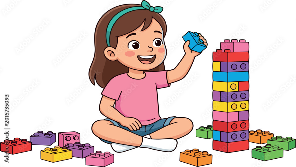 Naklejka premium A cheerful vector illustration of a child building a colorful tower with toy building blocks, perfect for educational or children's activity designs.