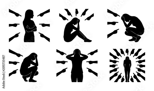Bild auf Leinwand Victimization Silhouette Icons, Social Pressure & Isolation Vector Graphics, Bul